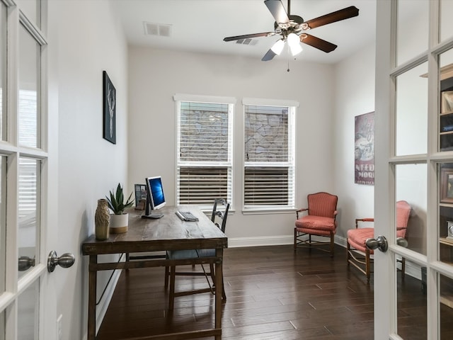 office area with french doors, dark hardwood / wood-style floors, and ceiling fan