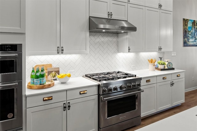 kitchen with decorative backsplash, dark hardwood / wood-style flooring, and stainless steel appliances