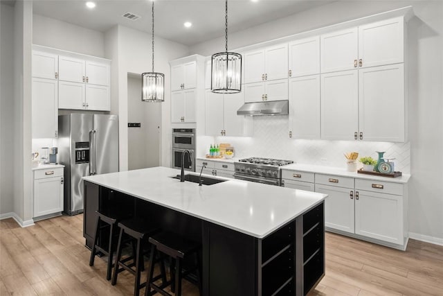 kitchen featuring sink, pendant lighting, high quality appliances, white cabinetry, and an island with sink