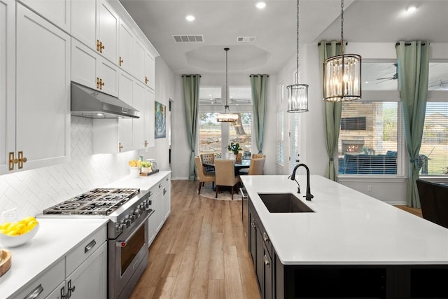 kitchen with white cabinetry, a center island with sink, and stainless steel stove