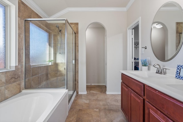 bathroom with independent shower and bath, crown molding, and vanity