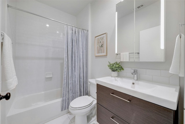 full bathroom featuring shower / bath combination with curtain, backsplash, vanity, tile patterned flooring, and toilet