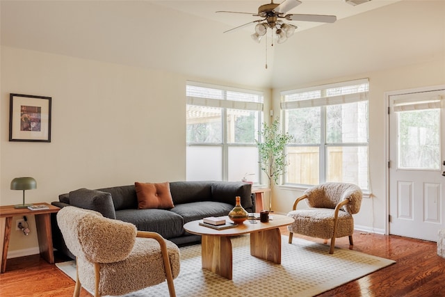 living room featuring ceiling fan and wood-type flooring