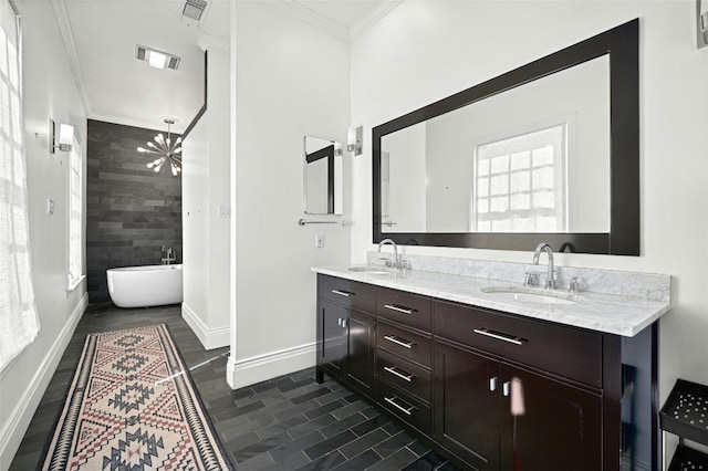 bathroom with a bathtub, vanity, ornamental molding, and tile walls