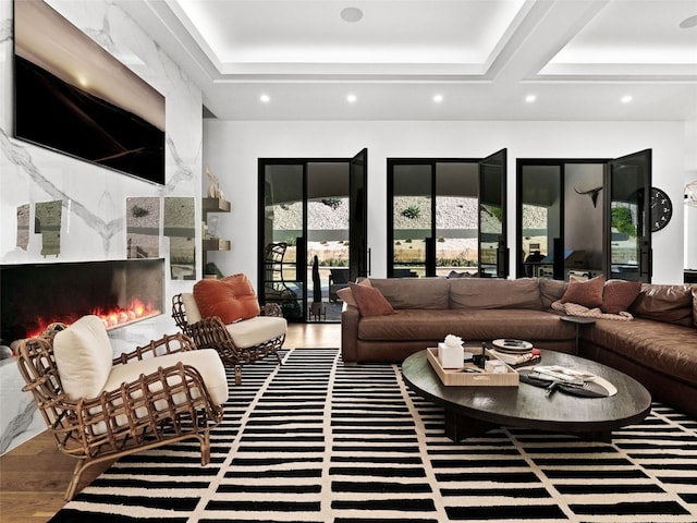 living room featuring a fireplace and wood-type flooring