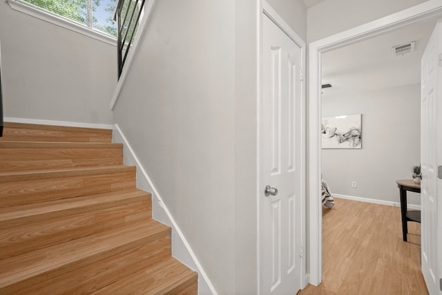 stairway featuring hardwood / wood-style floors