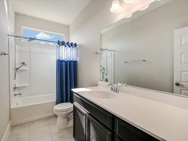 bathroom with baseboards, toilet, tile patterned flooring, shower / bath combination with curtain, and vanity