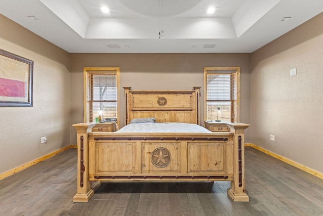 bedroom featuring dark wood-type flooring, multiple windows, and a tray ceiling