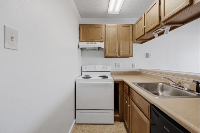 kitchen with dishwasher, light tile patterned floors, a textured ceiling, sink, and white range with electric stovetop