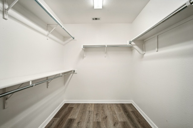 walk in closet with dark hardwood / wood-style flooring