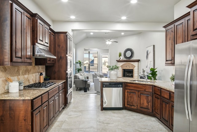 kitchen with sink, appliances with stainless steel finishes, ceiling fan, ventilation hood, and lofted ceiling