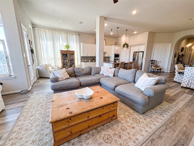 living room with a wealth of natural light and light hardwood / wood-style floors