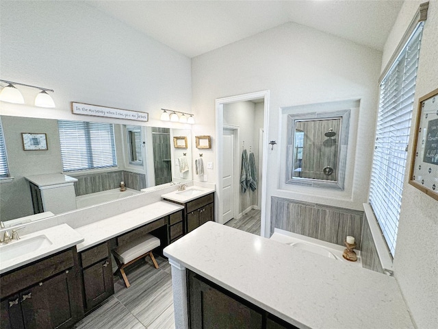 bathroom with vanity and lofted ceiling