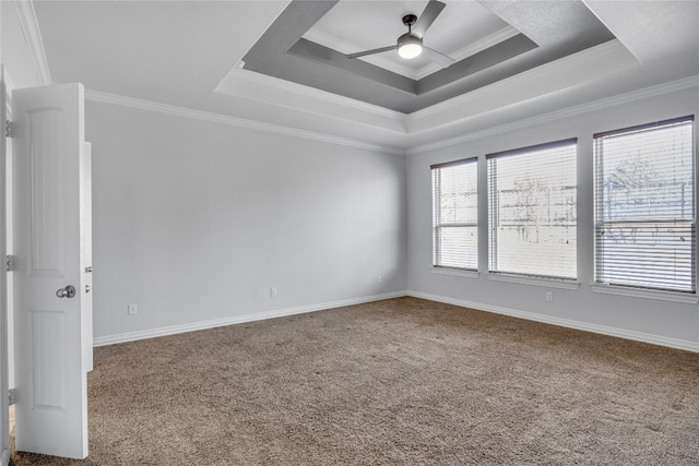 spare room featuring ornamental molding, ceiling fan, and a tray ceiling