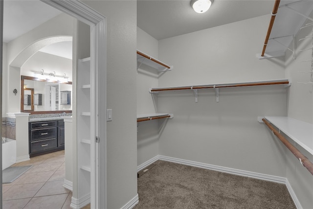 walk in closet with light carpet