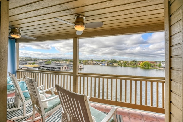 balcony featuring ceiling fan and a water view