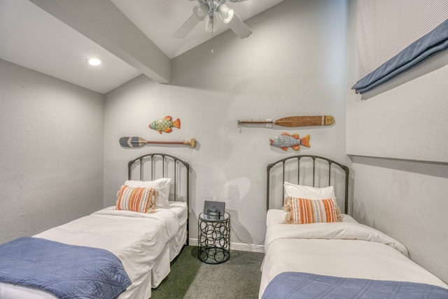 bedroom featuring lofted ceiling with beams, ceiling fan, and dark carpet