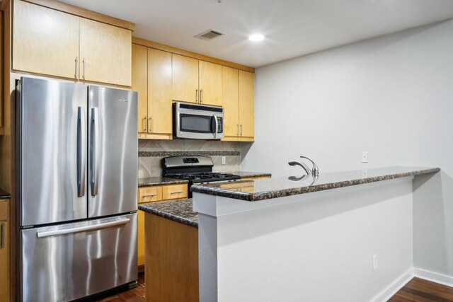 503 Swanee Dr Unit 19, Austin, TX 78752 - kitchen with stainless steel appliances, a peninsula, dark stone countertops, dark wood-type flooring, and decorative backsplash