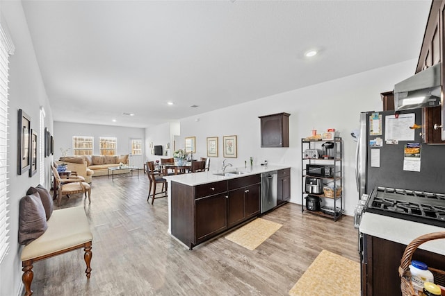 kitchen with dark brown cabinets, light hardwood / wood-style floors, sink, and extractor fan