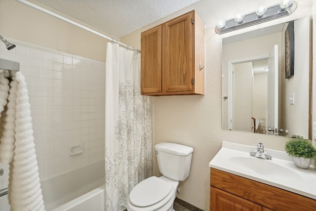 full bathroom with a textured ceiling, toilet, vanity, and shower / bath combination with curtain