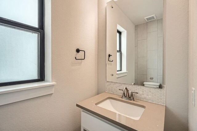 9031 Cattle Baron Path, Austin, TX 78747 - bathroom featuring vanity, a textured wall, and backsplash