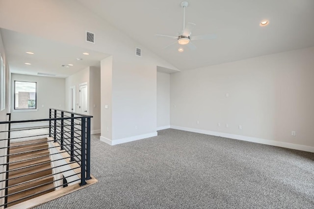 9031 Cattle Baron Path, Austin, TX 78747 - unfurnished room featuring carpet flooring, baseboards, a ceiling fan, vaulted ceiling, and recessed lighting