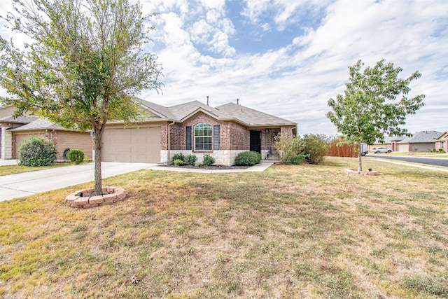 single story home with a garage and a front lawn