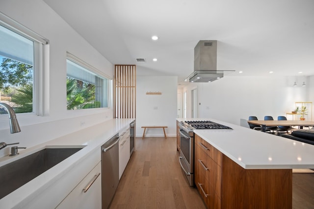 kitchen featuring stainless steel appliances, wood-type flooring, white cabinets, sink, and range hood