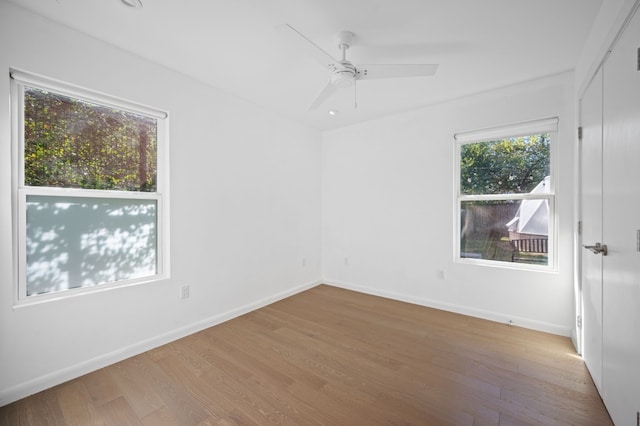 unfurnished room with ceiling fan, a wealth of natural light, and light hardwood / wood-style floors