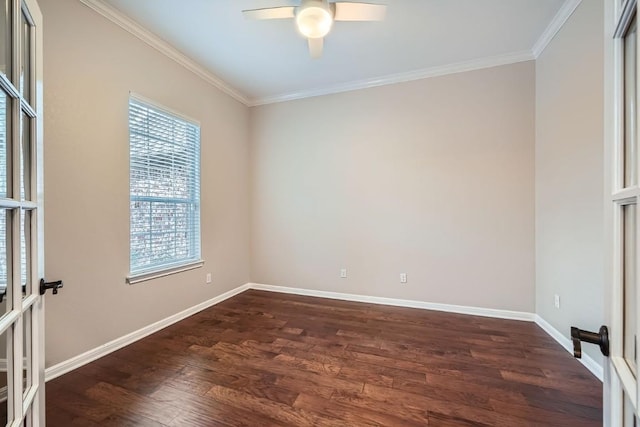 unfurnished room featuring dark hardwood / wood-style flooring, ceiling fan, and ornamental molding