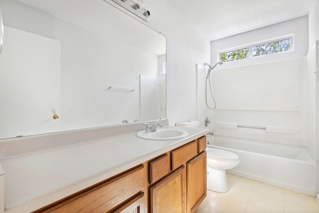 full bathroom with  shower combination, tile patterned floors, vanity, and toilet