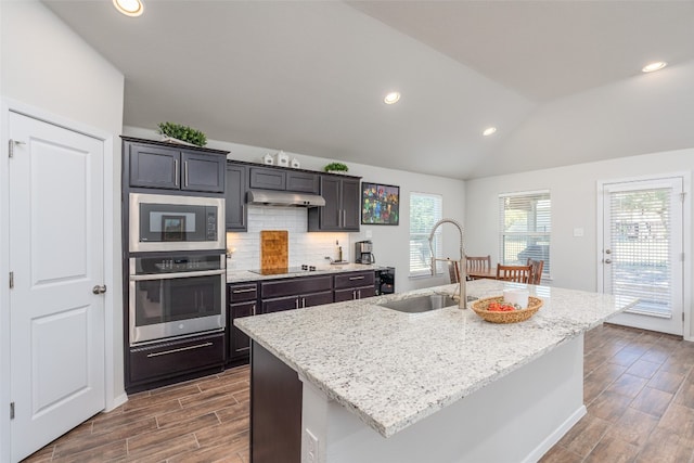 kitchen featuring sink, an island with sink, stainless steel appliances, and lofted ceiling