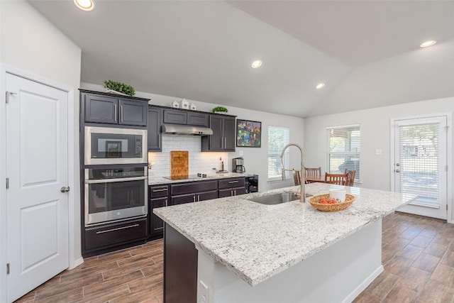 4303 Lindberg Ln, Lago Vista, TX 78645 - kitchen with stainless steel appliances, a sink, under cabinet range hood, dark wood-style floors, and a center island with sink