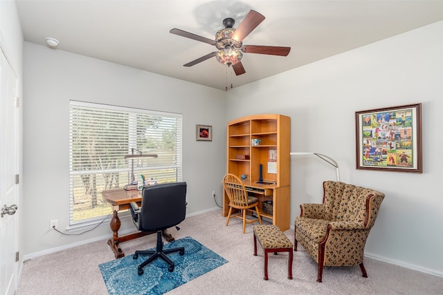 office featuring carpet and ceiling fan