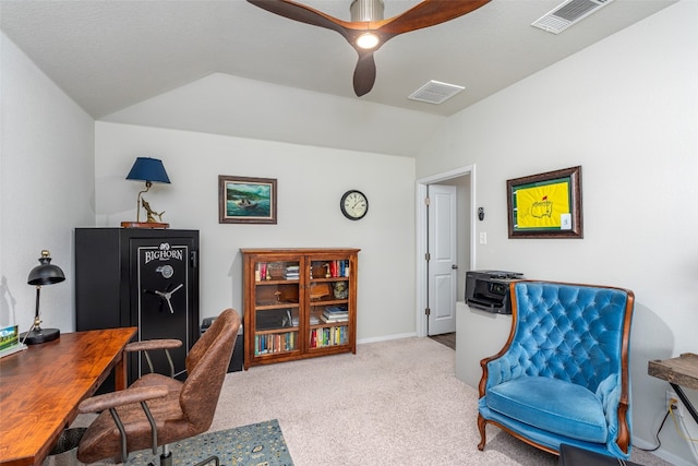 carpeted office featuring ceiling fan and lofted ceiling