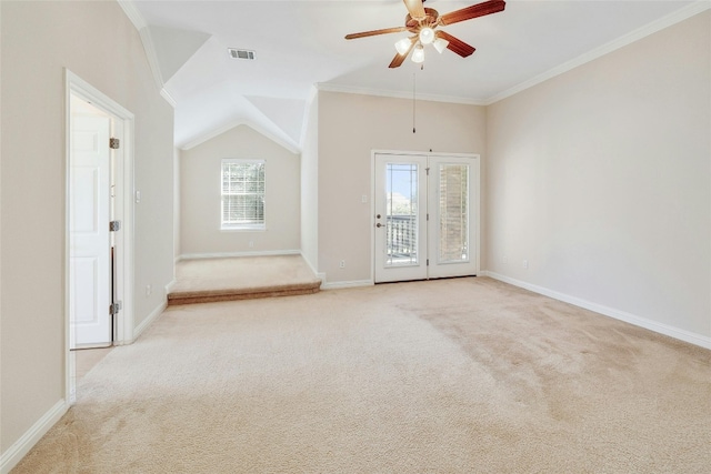 unfurnished room featuring light colored carpet, a healthy amount of sunlight, crown molding, and ceiling fan