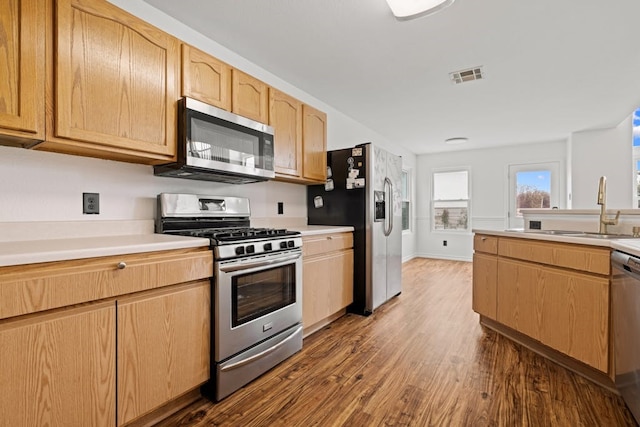 kitchen with dark hardwood / wood-style flooring, light brown cabinetry, appliances with stainless steel finishes, and sink