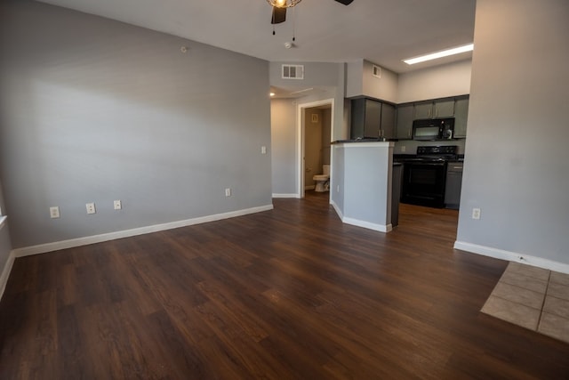 kitchen with ceiling fan, dark hardwood / wood-style floors, gray cabinetry, and electric range