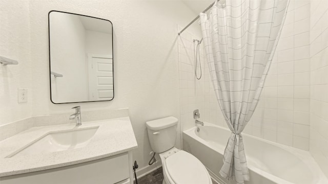 full bathroom featuring vanity, shower / bath combo, and toilet