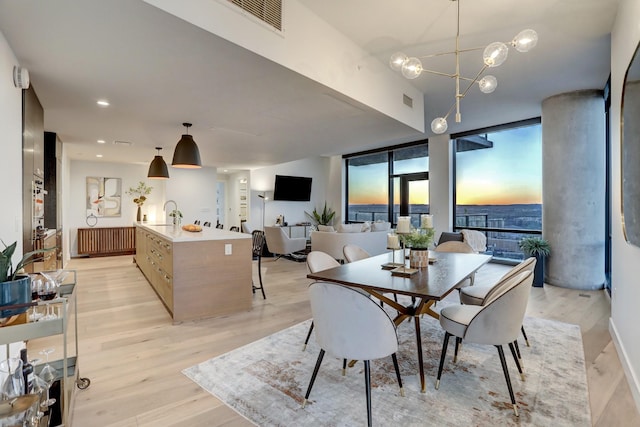 dining area featuring light hardwood / wood-style floors, expansive windows, radiator, and an inviting chandelier