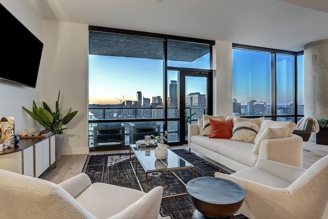 living room featuring floor to ceiling windows and wood-type flooring