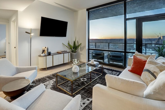 living room with a wall of windows and wood-type flooring