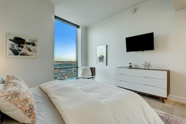 bedroom with multiple windows, expansive windows, and light wood-type flooring