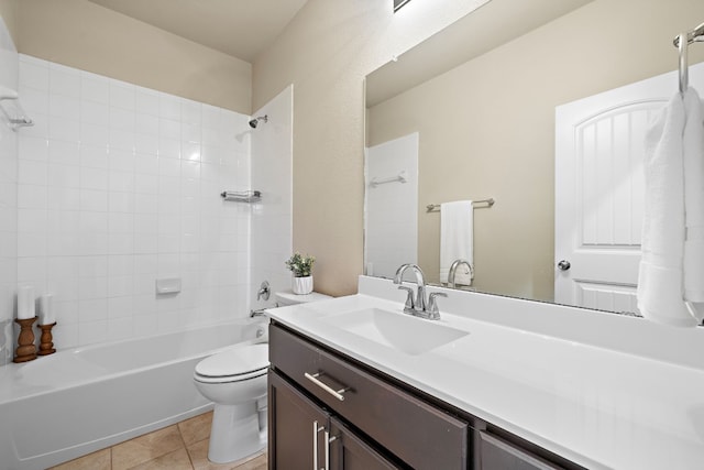 full bathroom featuring shower / tub combination, tile patterned flooring, vanity, and toilet