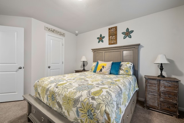 bedroom featuring dark carpet