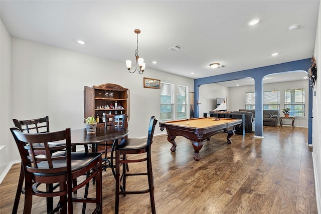 game room with a chandelier, hardwood / wood-style floors, and billiards