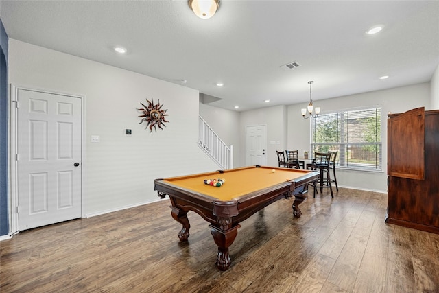 rec room featuring dark wood-type flooring, a chandelier, and billiards