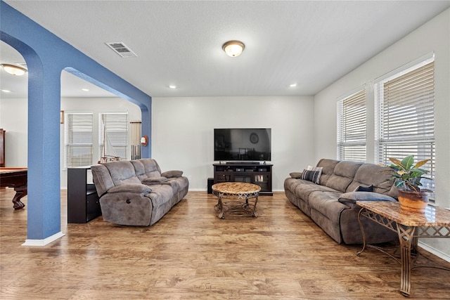 living room featuring billiards and light hardwood / wood-style flooring