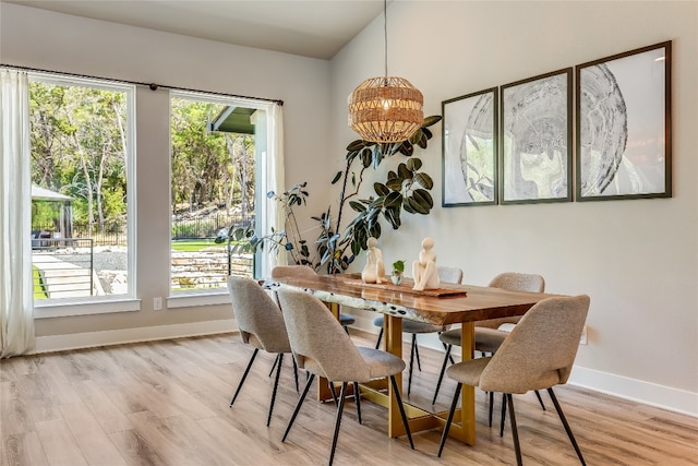 dining space with light hardwood / wood-style floors