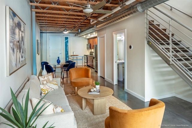 living room with concrete floors